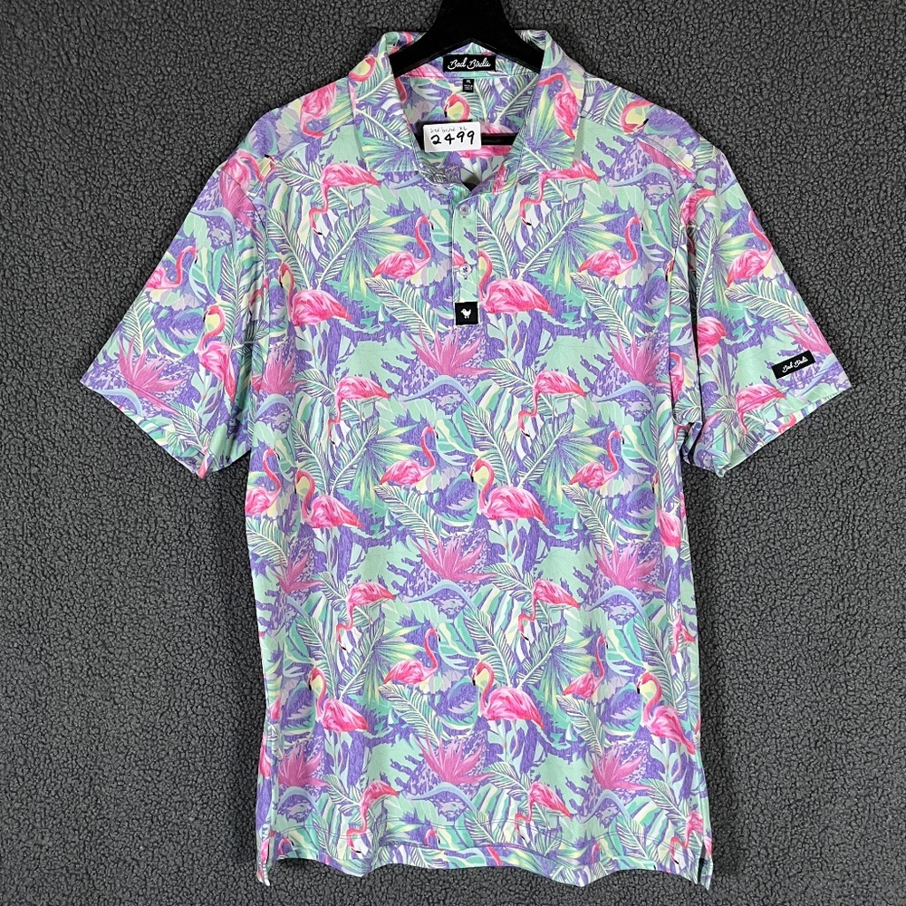 Bad Birdie Flamingo Tropical Golf Performance Polo Shirt - Men's Size XL - Green